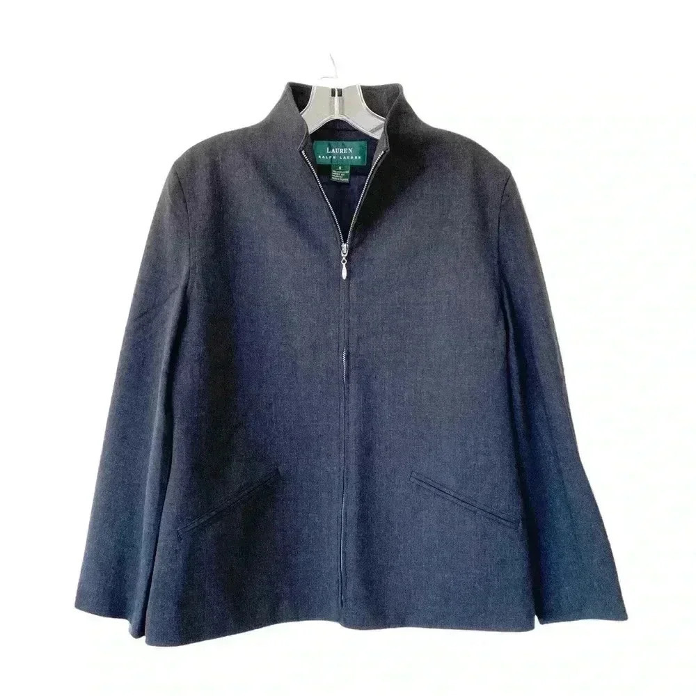 Lauren Ralph Lauren Gray Wool Jacket Blazer 6 Full Zip Mock Neck Vintage Classic